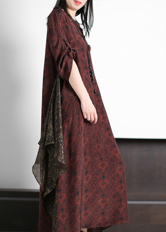 Stylish Dark Red O-Neck Print Silk Maxi Dress Summer LY5192 - fabuloryshop