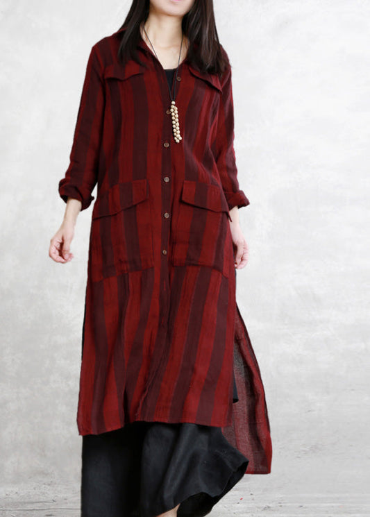 Stylish Dark Red Peter Pan Collar Striped Button Side Open Low High Design Long Shirts Spring LY5120 - fabuloryshop