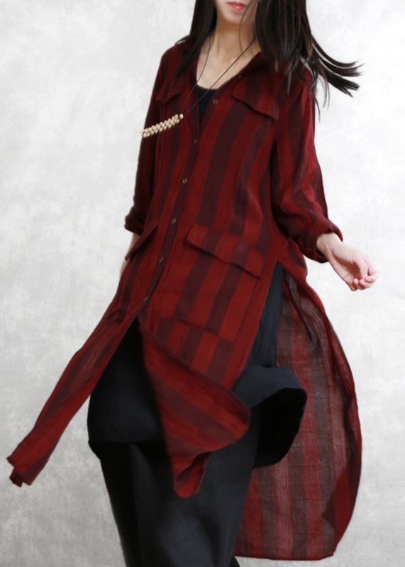 Stylish Dark Red Peter Pan Collar Striped Button Side Open Low High Design Long Shirts Spring LY5120 - fabuloryshop