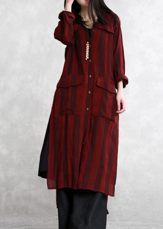 Stylish Dark Red Peter Pan Collar Striped Button Side Open Low High Design Long Shirts Spring LY5120 - fabuloryshop