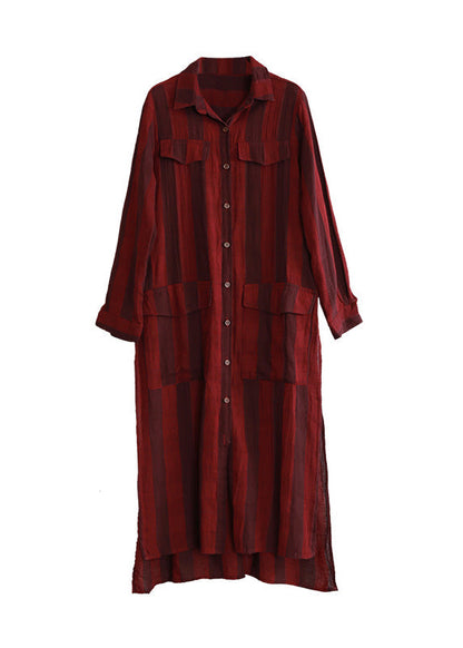 Stylish Dark Red Peter Pan Collar Striped Button Side Open Low High Design Long Shirts Spring LY5120 - fabuloryshop