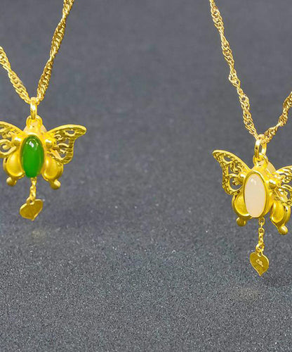 Stylish Gold Asymmetricar Overgild Inlaid Jade Butterfly Pendant Necklace TW1033 - fabuloryshop