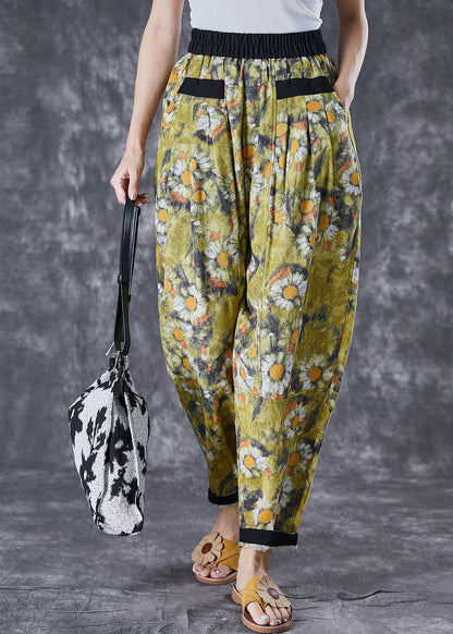 Stylish Green Elastic Waist Patchwork Print Cotton Harem Pants Summer Ada Fashion