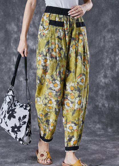 Stylish Green Elastic Waist Patchwork Print Cotton Harem Pants Summer Ada Fashion