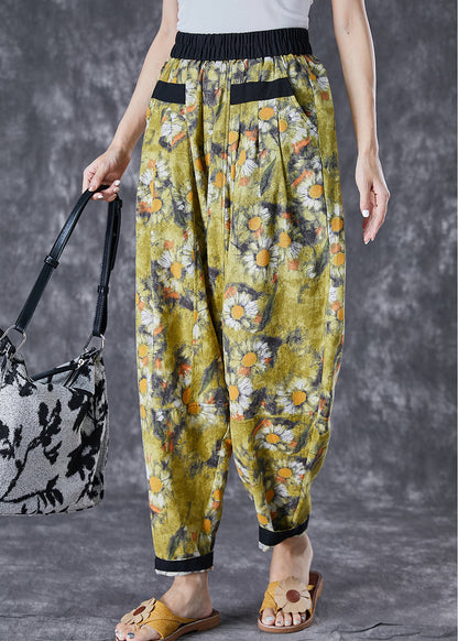 Stylish Green Elastic Waist Patchwork Print Cotton Harem Pants Summer Ada Fashion