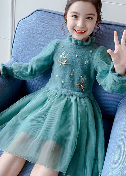 Stylish Green Embroideried Nail Bead Patchwork Tulle Kids Girls Dresses Fall Ada Fashion