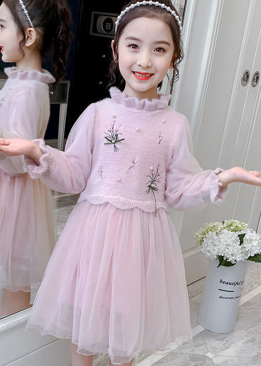 Stylish Green Embroideried Nail Bead Patchwork Tulle Kids Girls Dresses Fall Ada Fashion