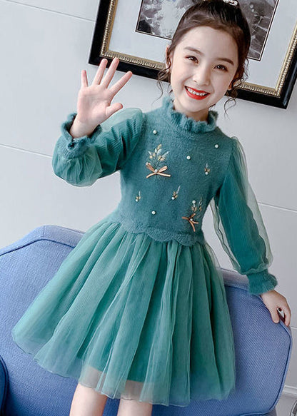 Stylish Green Embroideried Nail Bead Patchwork Tulle Kids Girls Dresses Fall Ada Fashion