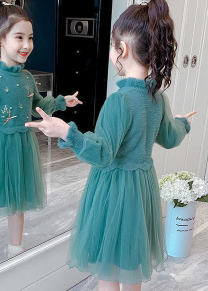 Stylish Green Embroideried Nail Bead Patchwork Tulle Kids Girls Dresses Fall Ada Fashion