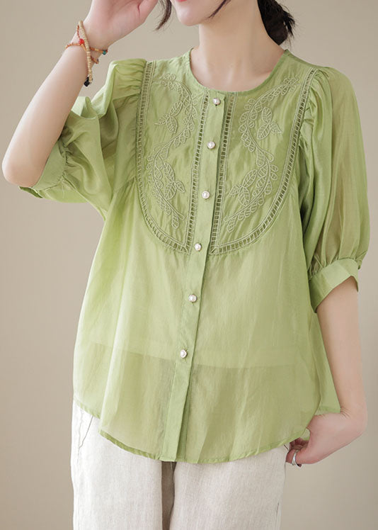 Stylish Green Embroideried Wrinkled Patchwork Cotton Shirts Summer LY4982 - fabuloryshop