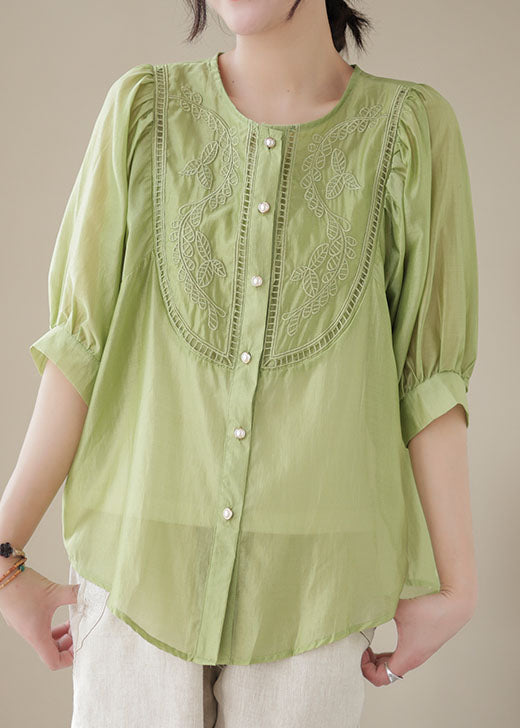 Stylish Green Embroideried Wrinkled Patchwork Cotton Shirts Summer LY4982 - fabuloryshop