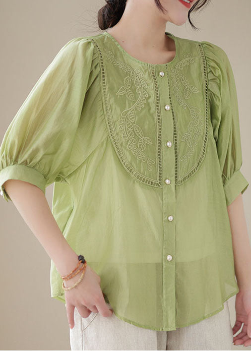 Stylish Green Embroideried Wrinkled Patchwork Cotton Shirts Summer LY4982 - fabuloryshop