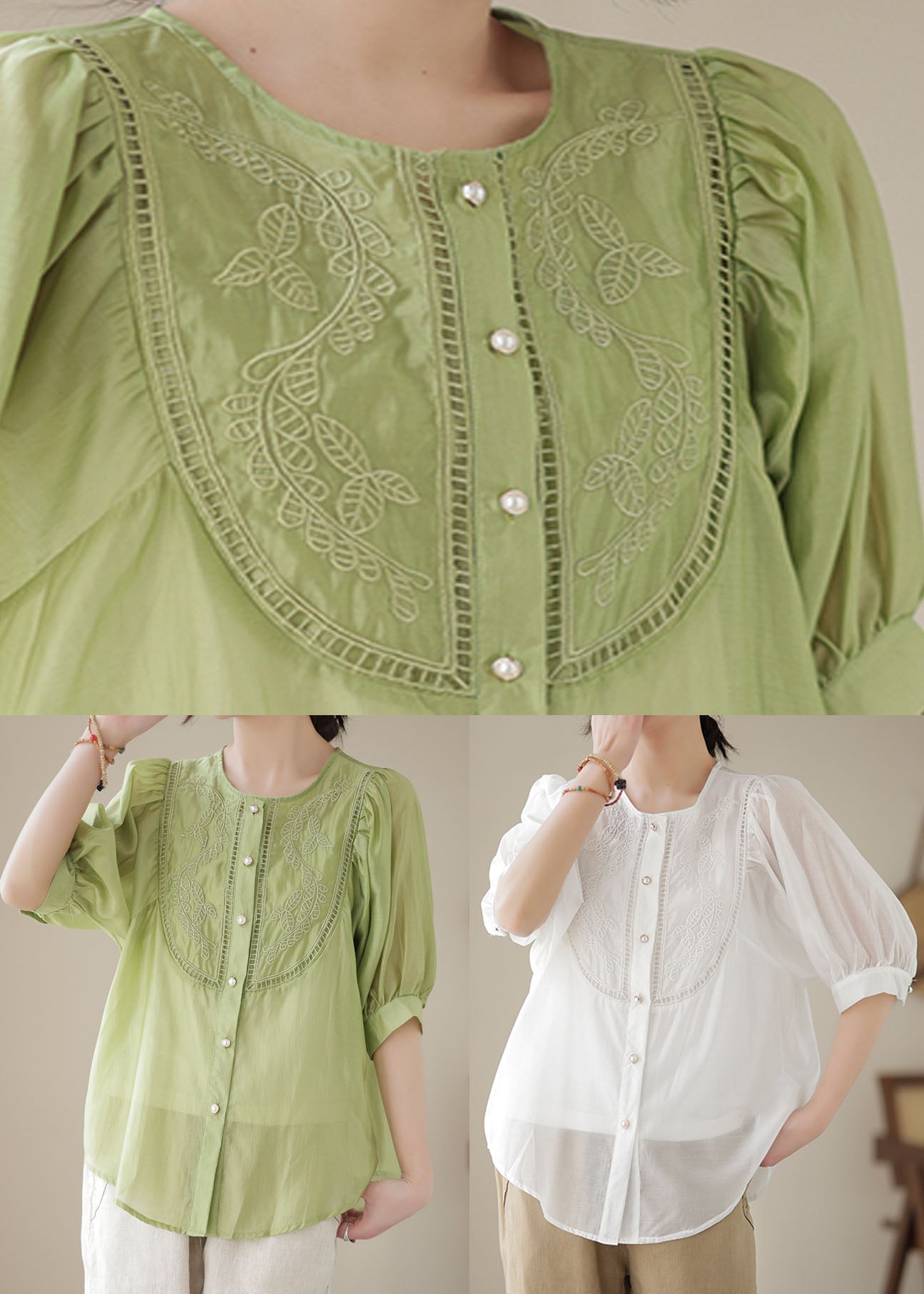 Stylish Green Embroideried Wrinkled Patchwork Cotton Shirts Summer LY4982 - fabuloryshop