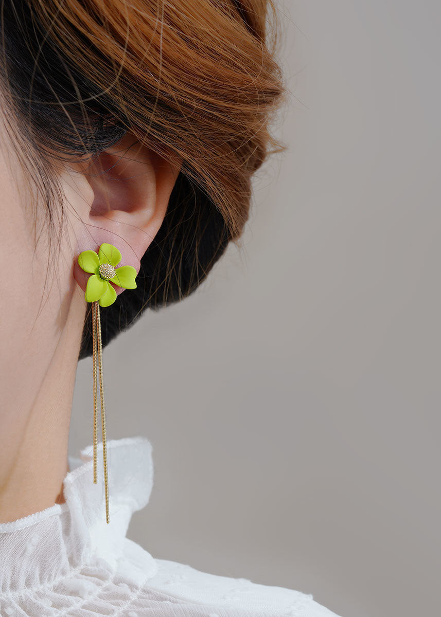 Green Floral Tassel Asymmetrical Earrings - fabuloryshop