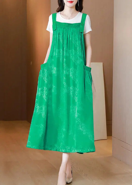 Stylish Green Jacquard Spaghetti Strap Dress Silk Two Pieces Set Summer Ada Fashion