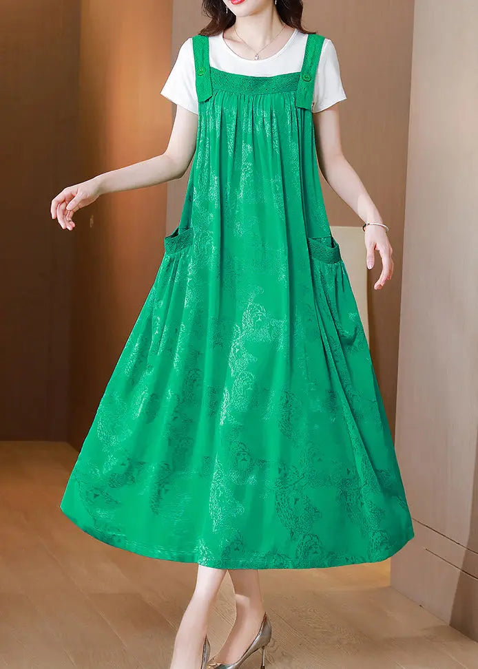 Stylish Green Jacquard Spaghetti Strap Dress Silk Two Pieces Set Summer Ada Fashion