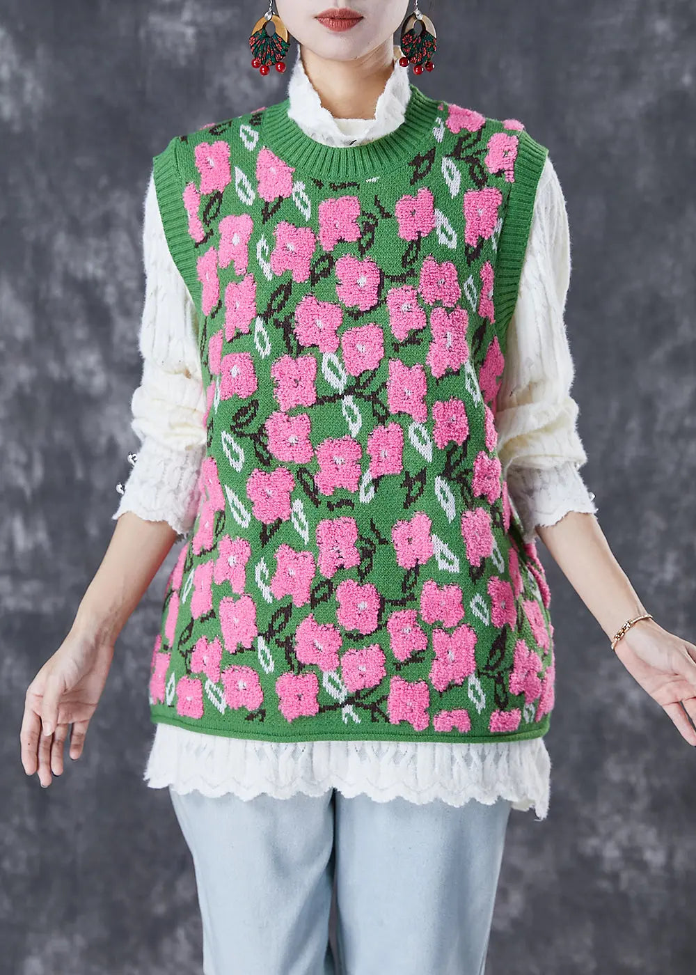 Stylish Green Jacquard Thick Knit Vests Fall Ada Fashion