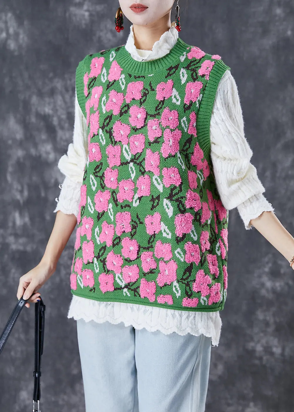 Stylish Green Jacquard Thick Knit Vests Fall Ada Fashion