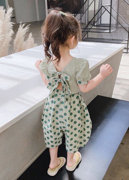 Stylish Green O-Neck Print Cotton Girls Top And Crop Pants Two Pieces Set Short Sleeve Ada Fashion