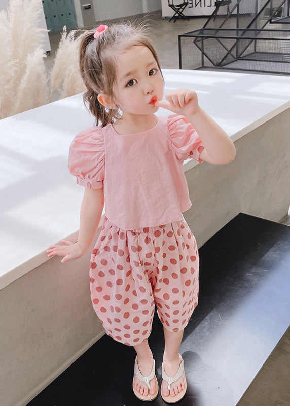 Stylish Green O-Neck Print Cotton Girls Top And Crop Pants Two Pieces Set Short Sleeve Ada Fashion