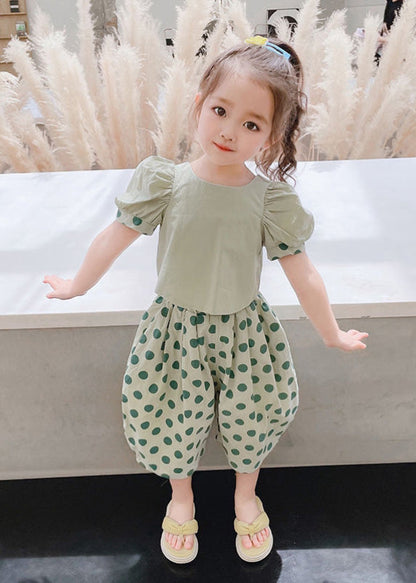 Stylish Green O-Neck Print Cotton Girls Top And Crop Pants Two Pieces Set Short Sleeve Ada Fashion