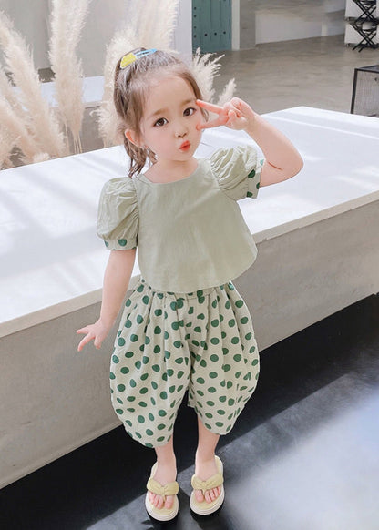 Stylish Green O-Neck Print Cotton Girls Top And Crop Pants Two Pieces Set Short Sleeve Ada Fashion