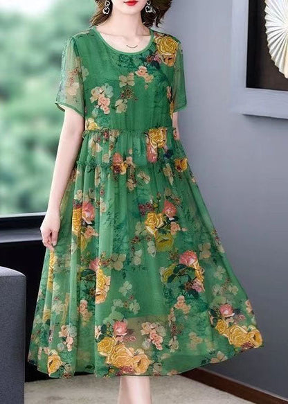 Stylish Green O-Neck Ruffled Print Patchwork Silk Dresses Summer LY4552 - fabuloryshop