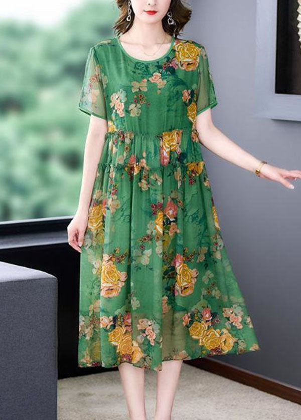 Stylish Green O-Neck Ruffled Print Patchwork Silk Dresses Summer LY4552 - fabuloryshop