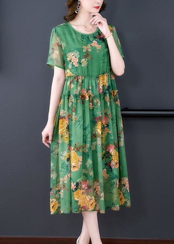 Stylish Green O-Neck Ruffled Print Patchwork Silk Dresses Summer LY4552 - fabuloryshop