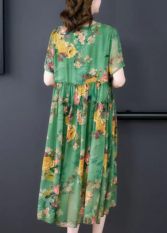 Stylish Green O-Neck Ruffled Print Patchwork Silk Dresses Summer LY4552 - fabuloryshop