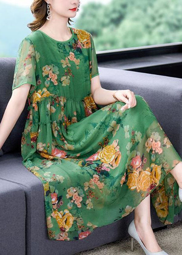 Stylish Green O-Neck Ruffled Print Patchwork Silk Dresses Summer LY4552 - fabuloryshop