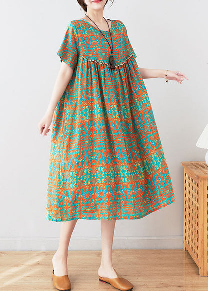 Stylish Green O Neck Wrinkled Print Patchwork Cotton Mid Dresses Summer LY4968 - fabuloryshop