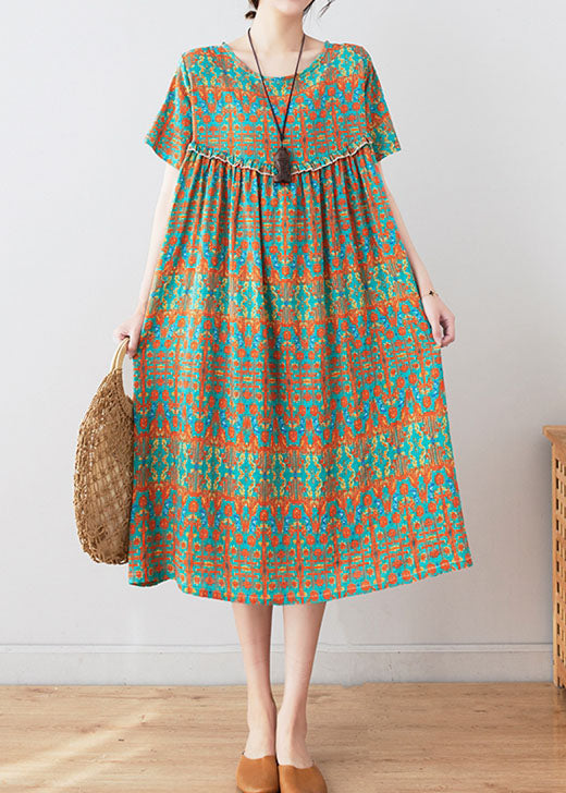 Stylish Green O Neck Wrinkled Print Patchwork Cotton Mid Dresses Summer LY4968 - fabuloryshop