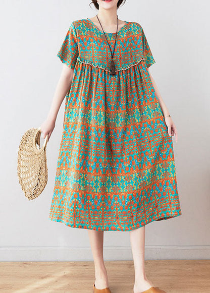 Stylish Green O Neck Wrinkled Print Patchwork Cotton Mid Dresses Summer LY4968 - fabuloryshop