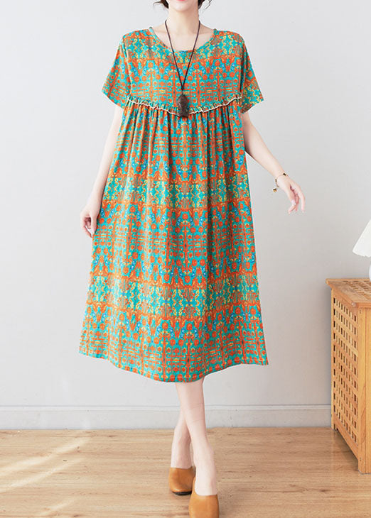 Stylish Green O Neck Wrinkled Print Patchwork Cotton Mid Dresses Summer LY4968 - fabuloryshop