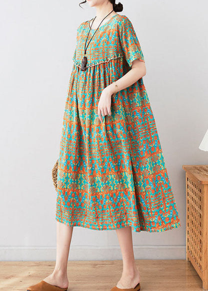 Stylish Green O Neck Wrinkled Print Patchwork Cotton Mid Dresses Summer LY4968 - fabuloryshop