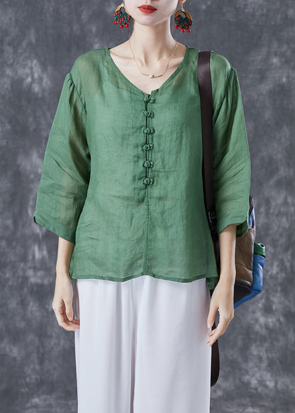 Stylish Green Oversized Chinese Button Linen Silk Blouses Bracelet Sleeve LY4091 - fabuloryshop