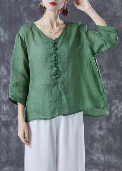 Stylish Green Oversized Chinese Button Linen Silk Blouses Bracelet Sleeve LY4091 - fabuloryshop