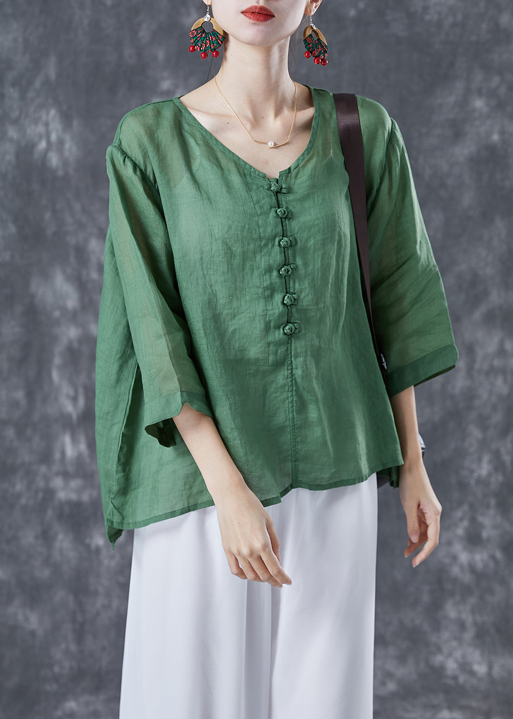 Stylish Green Oversized Chinese Button Linen Silk Blouses Bracelet Sleeve LY4091 - fabuloryshop