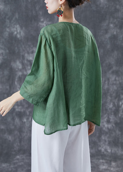 Stylish Green Oversized Chinese Button Linen Silk Blouses Bracelet Sleeve LY4091 - fabuloryshop