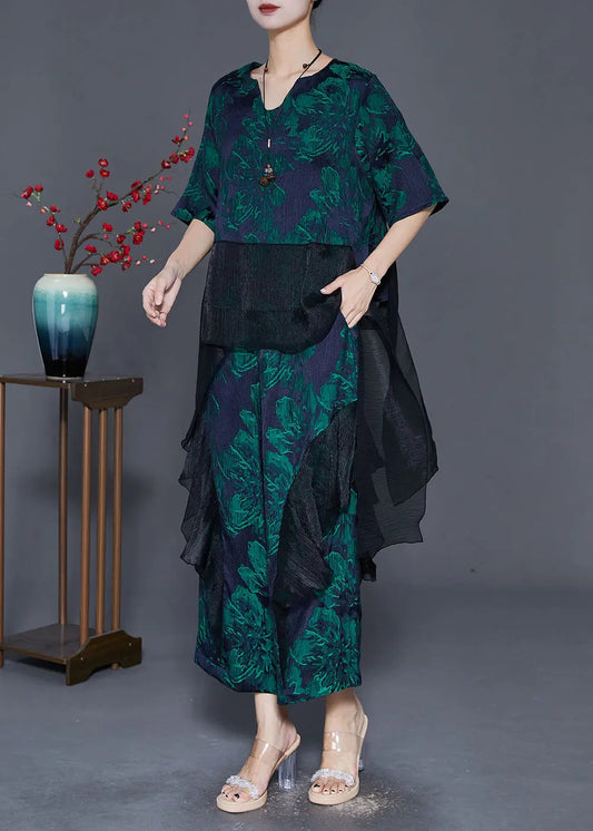 Stylish Green Oversized Patchwork Print Silk Two-Piece Set Fall Ada Fashion