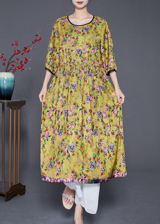 Stylish Green Oversized Print Wear On Both Sides Silk Long Dresses Summer Ada Fashion