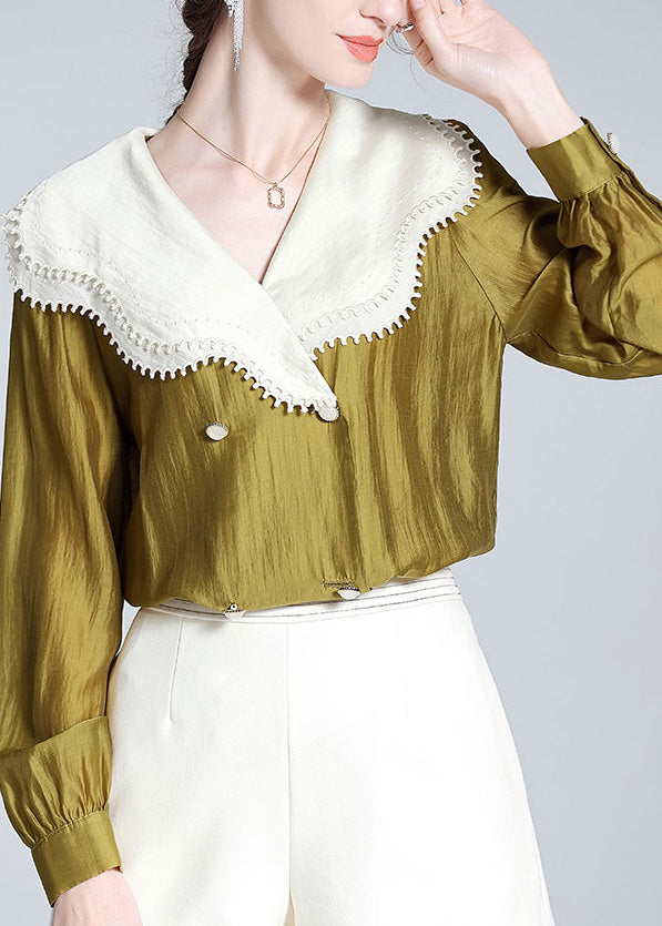 Stylish Green Peter Pan Collar Button Silk Linen Shirts Long Sleeve LY0129 - fabuloryshop