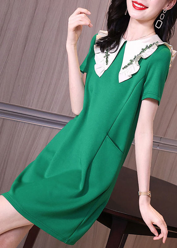 Stylish Green Peter Pan Collar Ruffles Pockets Spandex Dress Summer LY0512