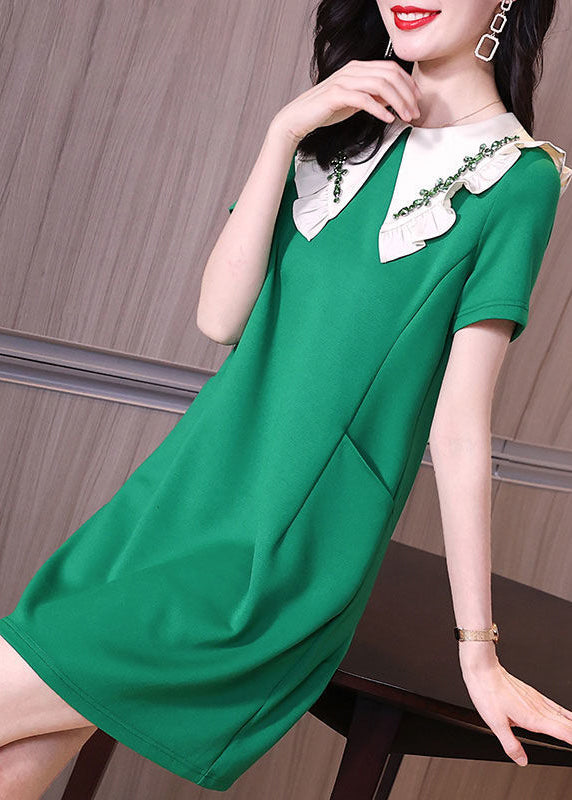 Stylish Green Peter Pan Collar Ruffles Pockets Spandex Dress Summer LY0512 - fabuloryshop