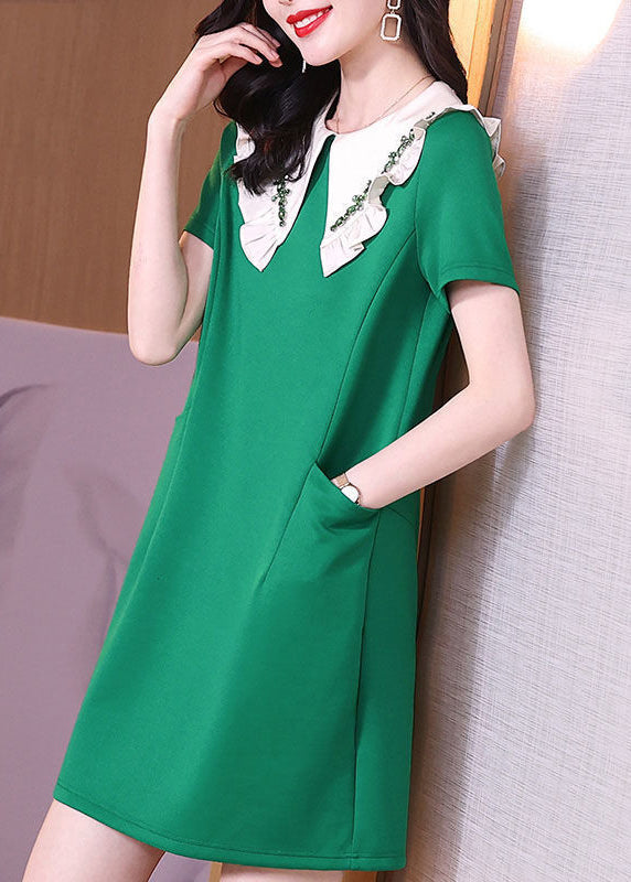Stylish Green Peter Pan Collar Ruffles Pockets Spandex Dress Summer LY0512
