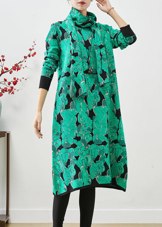 Stylish Green Print Give Scarf Knit Vacation Dresses Fall Ada Fashion