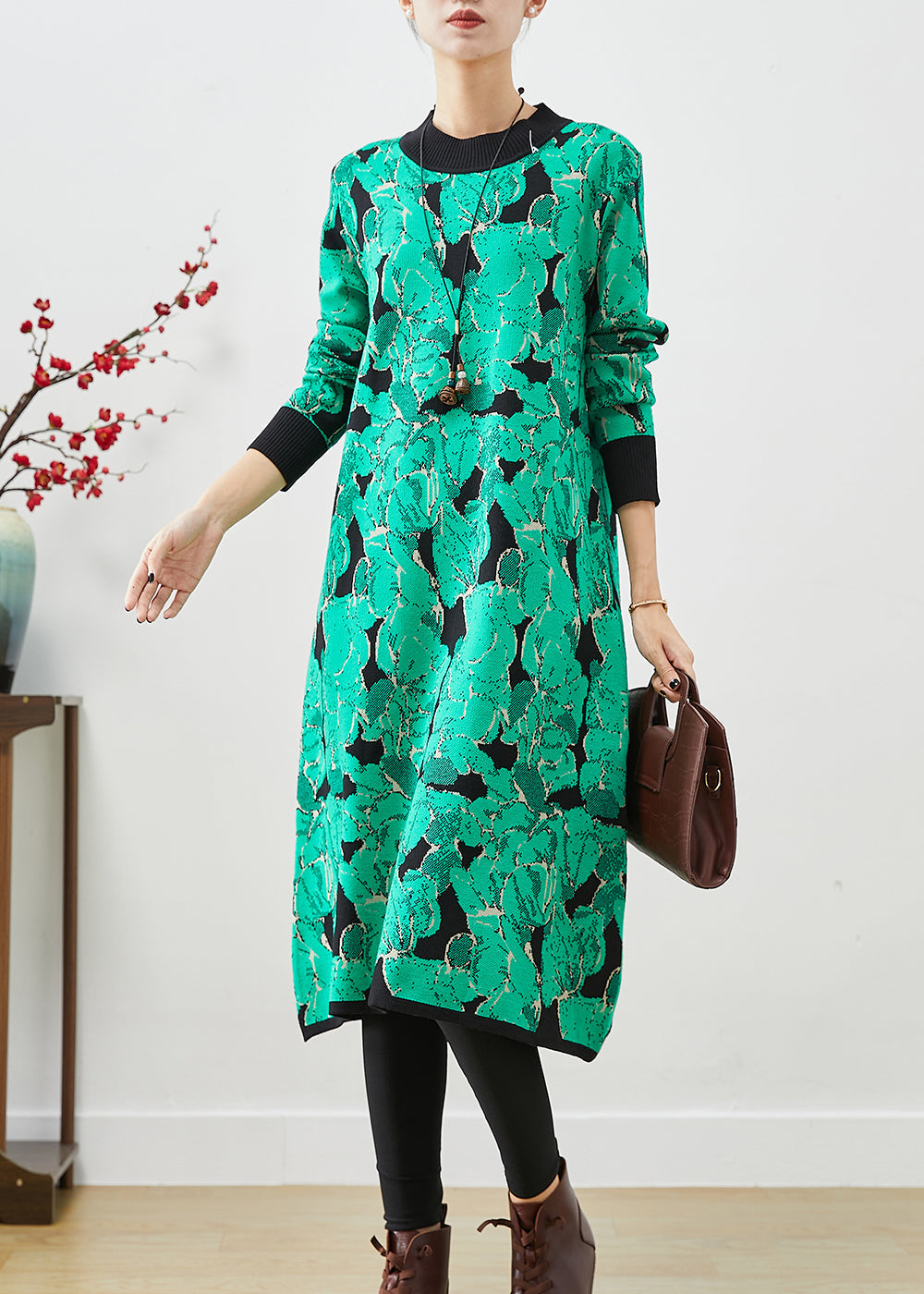 Stylish Green Print Give Scarf Knit Vacation Dresses Fall Ada Fashion