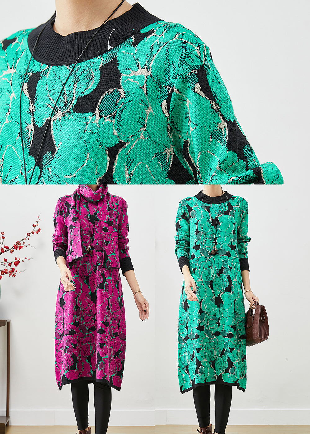 Stylish Green Print Give Scarf Knit Vacation Dresses Fall Ada Fashion