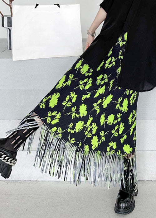 Stylish Green Print Tasseled Patchwork Cotton Maxi Skirts Summer Ada Fashion